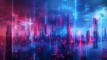 Fototapeta premium cityscape with space and neon light effect. Modern hi-tech, science, futuristic technology concept. Abstract digital high tech city design for banner background