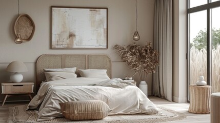 Fototapeta na wymiar Modern Bedroom Interior in Soft Beige Tones with Natural Decorations