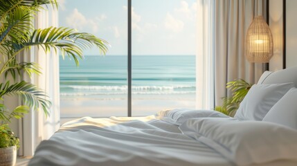Fototapeta na wymiar bedroom with white messy bedding and big window with view to beautiful. Summer, travel, vacation, holiday, mindfulness, relax, recreation, hotel, sleep
