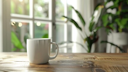 Blank coffee cup mockup on wooden table with hint of greenery from potted plant.