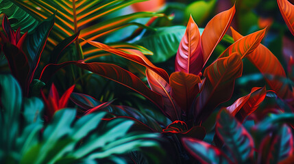 Lush tropical leaves background with vibrant dark green and crimson foliage. © An