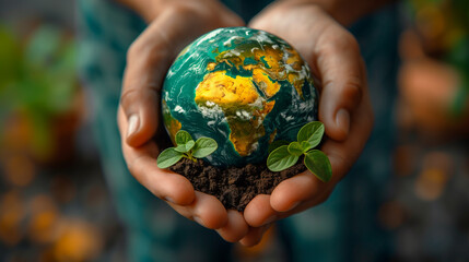 Hands holding green planet earth with young plants, representing global conservation efforts. Earth Day and eco-friendly concept.