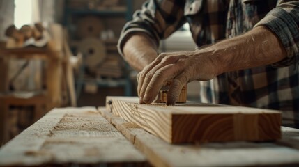 close up man owner a small furniture business is preparing wood for production. carpenter male is adjust wood to the desired size. architect, designer