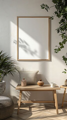 Mockup poster frame above a Patio Table in aliving room, modern interior scanidavian style