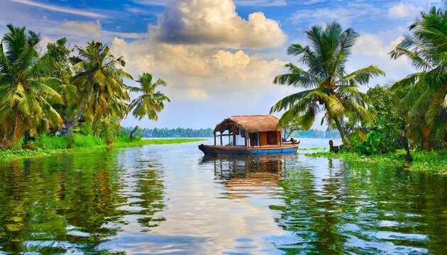 House boat in backwaters near palms at cloudy blue sky in munnar, Kerala, India