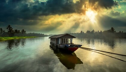 House boat in backwaters near palms at cloudy blue sky in munnar, Kerala, India