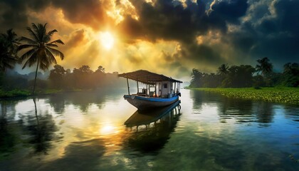 Naklejka premium House boat in backwaters near palms at cloudy blue sky in munnar, Kerala, India
