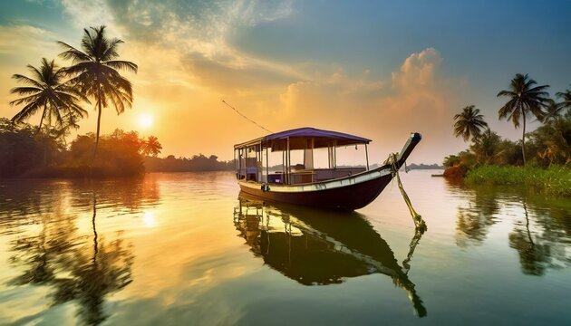 House boat in backwaters near palms at cloudy blue sky in munnar, Kerala, India