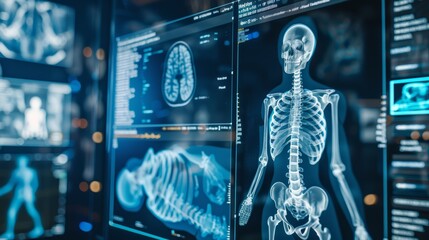 digital x-ray human body holographic scan projection,DXA bone density scan on a monitor in a woman to prevent osteoporosis.