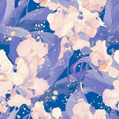 Ephemeral Beauty A Fluid Abstract Interpretation of Peonies and Orchids in Periwinkle Hues Inspired by Art Deco - obrazy, fototapety, plakaty