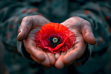 Soldier hands holding one wild red poppy flower, remembrance day, armistice day, anzac day symbol