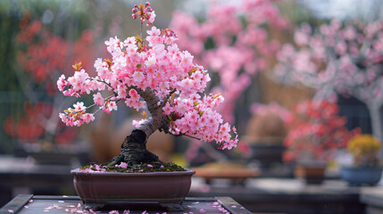 Pink cherry bonsai in bloom
