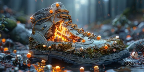 High-tech hiking boot with a built-in terrarium housing a miniature ecosystem