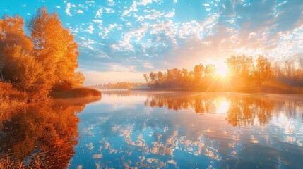 Panorama Of Autumn River Landscape In Belarus Or European Part Of Russia At Sunset. Sun Shine Over Blue Water Lake Or River At Sunrise. Nature At Sunny Morning. Woods With Orange Foliage On Riverside - obrazy, fototapety, plakaty
