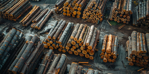 Aerial view of wooden logs stacked in the middle of rainforest, tree log warehouse in the forest