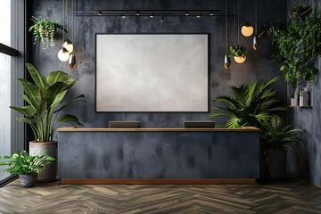 Mockup poster frame above a Reception Desk in aliving roomhyperrealistic shot, modern interior scanidavian style