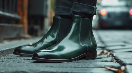 A detailed image of sleek Chelsea boots in a deep forest green, accentuating their timeless style and versatility.