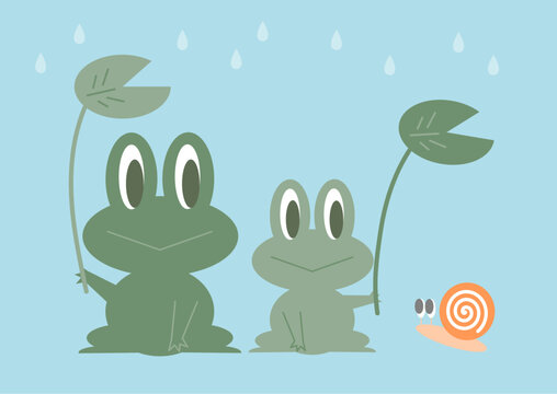 葉っぱの傘をさす蛙とカタツムリのイラスト
