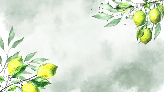  Fresh lemons print. Hand drawn lemon illustration. Minimalism lemon. Poster with citrus fruits template watercolor fresh fruits background animation  High quality 4k footage
