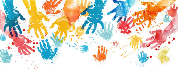 Fototapeta na wymiar Colorful handprints on white background vector presentation design