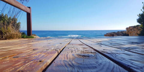 Low-Angle View of Wooden Boardwalk Leading to Serene Beach