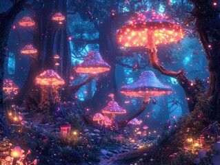 Fototapeta na wymiar A magical fairy tale forest illuminated by the soft glow of bioluminescent mushrooms, with whimsical creatures frolicking among the trees enchanted forest The mystical ambiance is captured