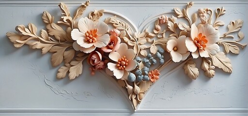 Colorful paper flowers in the shape of a heart on a white wall, wall decoration, wall art
