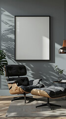 Mockup poster frame above a Recliner Chair in aliving room, modern interior scanidavian style