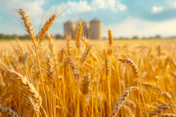 Fototapeta premium Golden Wheat Field Under Blue Sky with Farmhouse