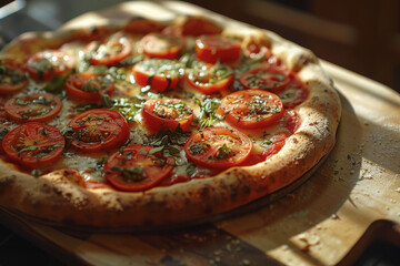 Fresh Tomato Basil Pizza on Wooden Board in Sunlight