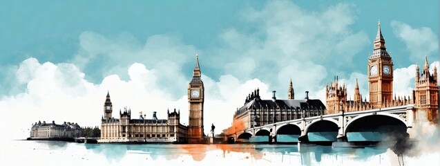 Double exposure minimalist artwork collage illustration featuring Big Ben and the London cityscape.