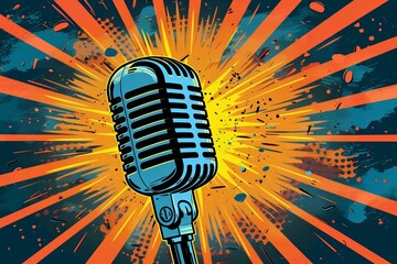 A podcast microphone framed in vibrant pop art-style comics, featuring bold and colorful designs.