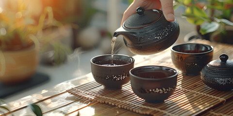 Traditional Asian Tea Ceremony with Ceramic Teapot and Cups