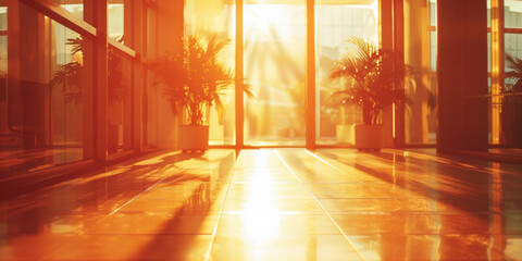 Golden Hour Sunshine Filtering Through Modern Office Lobby