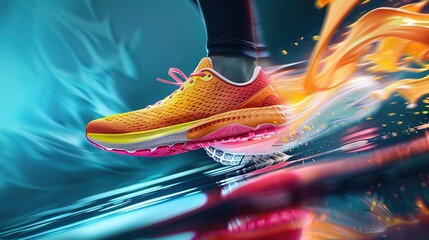 A dynamic action shot of brightly colored running shoes mid-stride, capturing the energy and...