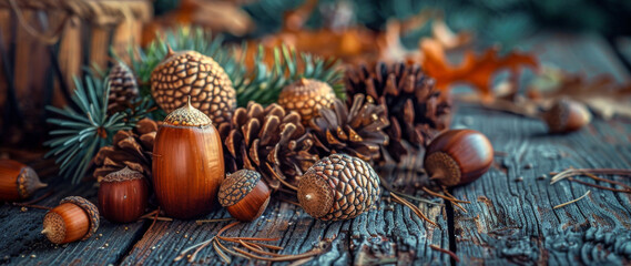 Autumnal Harvest of Acorns and Pine Cones on Wooden Surface