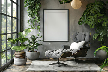Mockup poster frame above a Recliner Chair in aliving roomhyperrealistic shot, modern interior scanidavian style