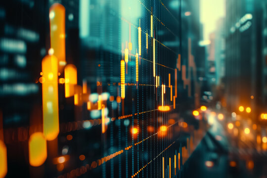 Stock market business concept with financial chart on screen and metropolis. A vibrant city skyline reflects the fluctuating stock market graph symbolizing economic activity