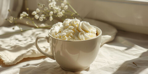 Serene Morning Light with Fresh Whipped Cream in White Cup