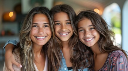 Fototapeta premium Portrait of a nice young mother with pleasure spending time with her three precious kids, everyone hugging their lovely mom, having fun together, happy big family enjoying life