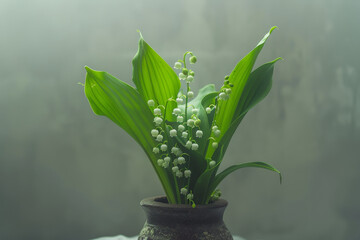 Serene Lily of the Valley Bouquet in Vintage Vase on Misty Background