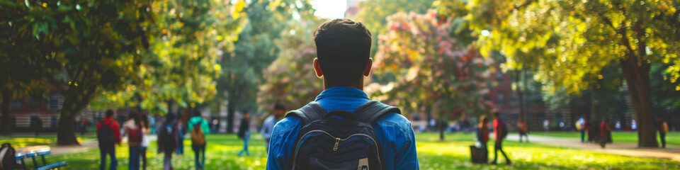 Young Adult with Backpack Walking in a Vibrant College Campus
