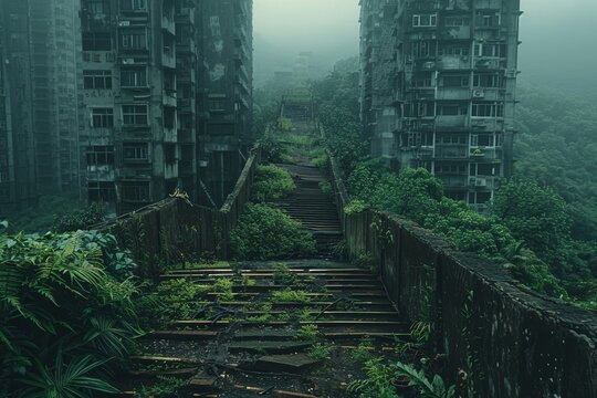 A deserted cityscape in a dystopian future, with nature reclaiming the decaying structures, turning them into overgrown relics of the past