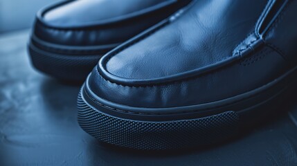 A macro image of vegan leather slip-on shoes in a deep navy, emphasizing their cruelty-free and environmentally conscious design. - obrazy, fototapety, plakaty