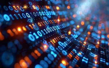 An image depicting a futuristic theme, showcasing a digital concept with binary code and technological elements, representing the advanced and expansive nature of data on computers