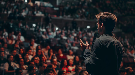 A leadership training session in a spacious auditorium, with a motivational speaker using impactful visuals to inspire the audience, Leadership, Conference Event, blurred backgroun