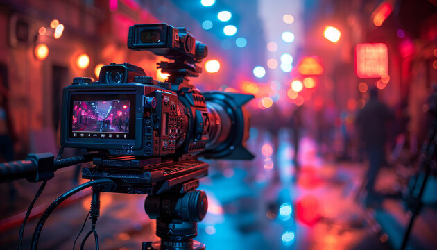 A camera is set up in the rain, capturing a busy city street by AI generated image