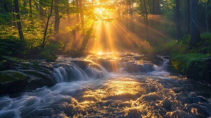 River at sunrise in the Carpathian forest - fast jet of water at slow shutter speeds give a beautiful fairy-tale effect. Ukraine is rich in water resources in the Carpathian Mountains is good ecology - obrazy, fototapety, plakaty