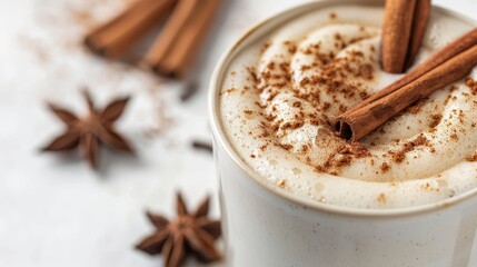 Detailed view of delicate cinnamon swirls on rich cappuccino foam in elegant white coffee cup - obrazy, fototapety, plakaty