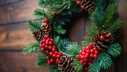 Fototapeta premium Advent wreath on a door with space for text, embodying the spirit of Christmas anticipation and welcoming the holiday season with traditional festive decor